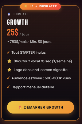 Sponsor GROWTH · Visibilité maximale 30 jours · ⭐ Le plus populaire
