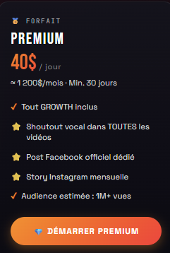 Sponsor PREMIUM · Domination chaîne 30 jours · 1M+ vues